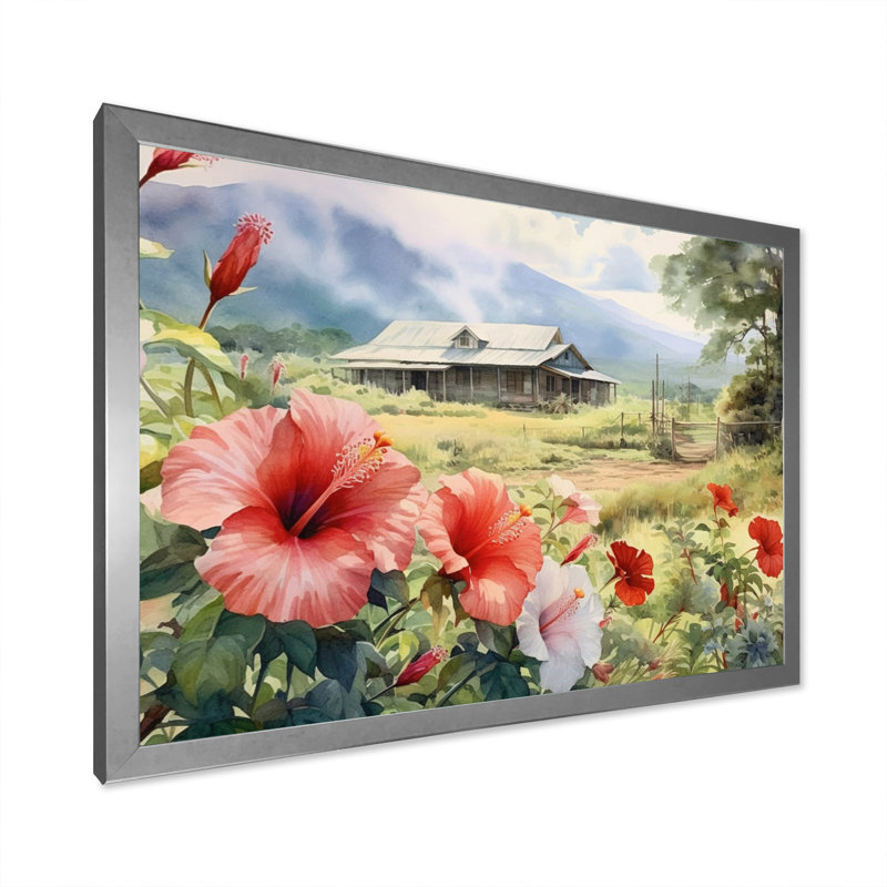 «Pink Green Hibiscus Harmony I» sur toile, Cadre photo argenté, H 16 po x l 32 po x P 1 po