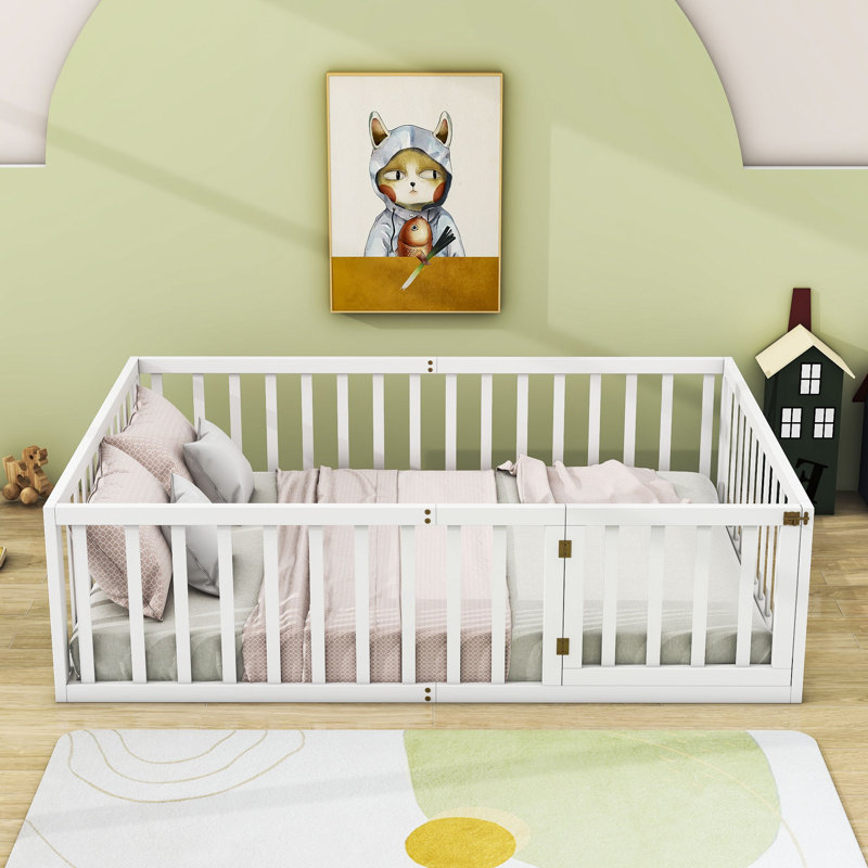 Wooden Platform Bed with Fence, Full / Double, White