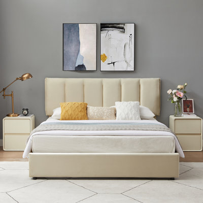 Cahlin Queen Storage Bed Frame Velvet Upholstered Platform Bed with 4 Storage Drawer, Adjustable Headboard and Wood Slat Support, Beige