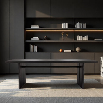 Black minimalist solid wood long desk for office