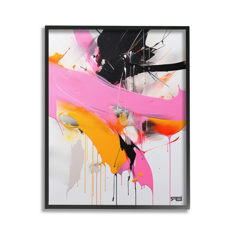 Design d'art contemporain sur toile rose et noir par Rb, Giclée encadrée noir minuit, H 30 po x l 24 po