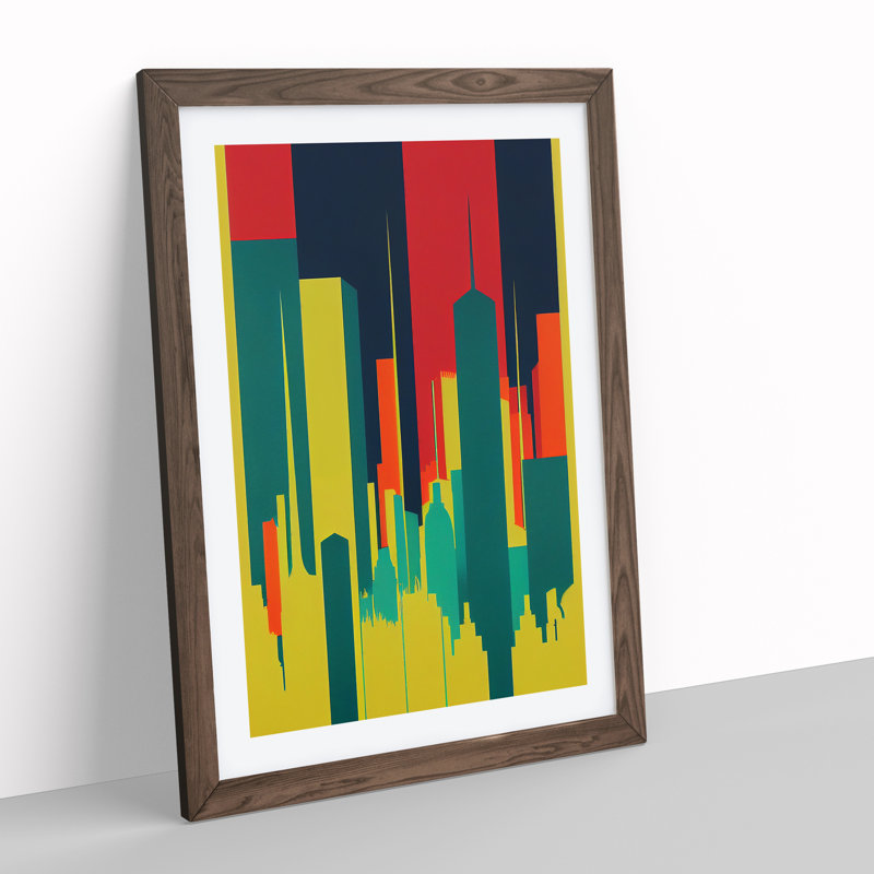 Illuminated City Skyline Abstract - Wall Art, 34cm H x 25cm W x 2cm D, Walnut Framed