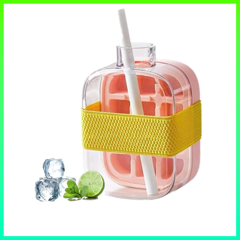 Moule à glaçons 2 en 1 500 ml - moule à glaçons à pression zéro avec couvercle et bac de rangement, plateau à glaçons vertical à dégagement facile pour le congélateur, bouteille d'eau à l'épreuve des fuites avec distribution de glaçons à un