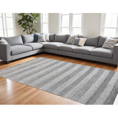 Tapis rayé en mélange de laine beige et gris 8 pi x 10 pi