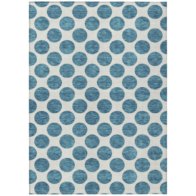 5' X 8' Teal Blue And Ivory Polka Dot Washable Indoor Outdoor Area Rug
