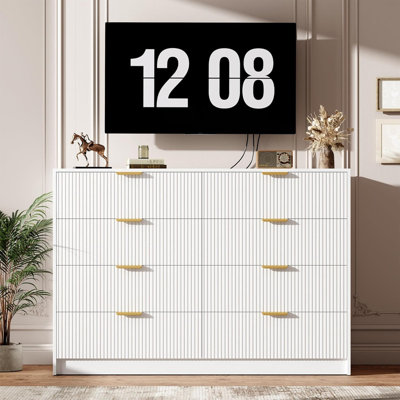 Commode 8 tiroirs cannelée 55 po - Poignées dorées, meuble télé multifonctionnel pour chambre à coucher, salon, couloir