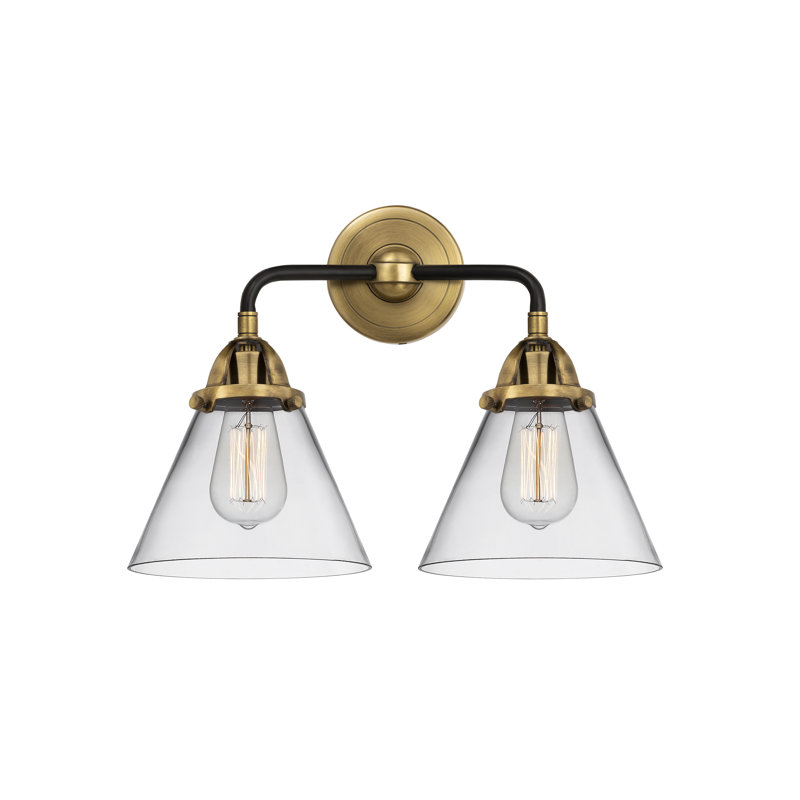 Éclairage pour meuble-lavabo de salle de bain 2 cônes 8 "2 lumières 16" Shauna, Transparent, Laiton antique noir