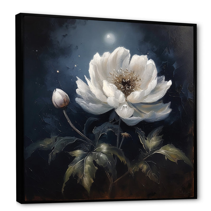 Lune argent foncé foncé fleur blanche, Cadre flottant noir, 16" H x 16" W