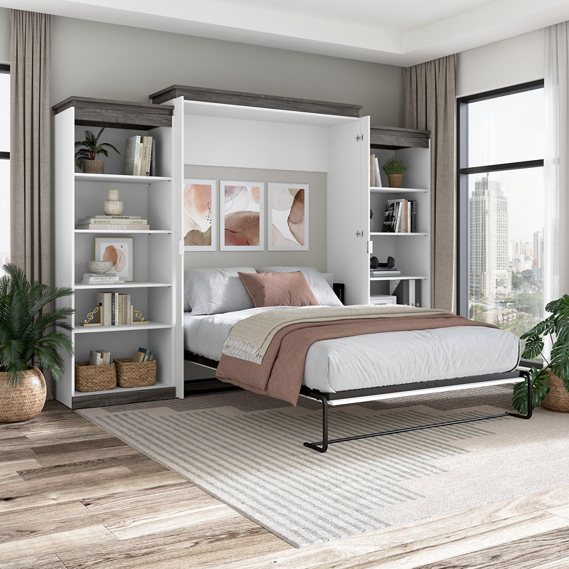 Ailed 126W Queen Murphy Bed with 2 Shelving Units, White