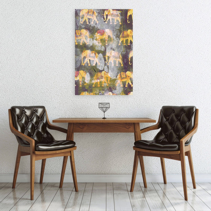Golden Elephant Parade Traditional Wall Art Print 1 Piece Wrapped Canvas Wall Art, 91.44cm H x 60.96cm W