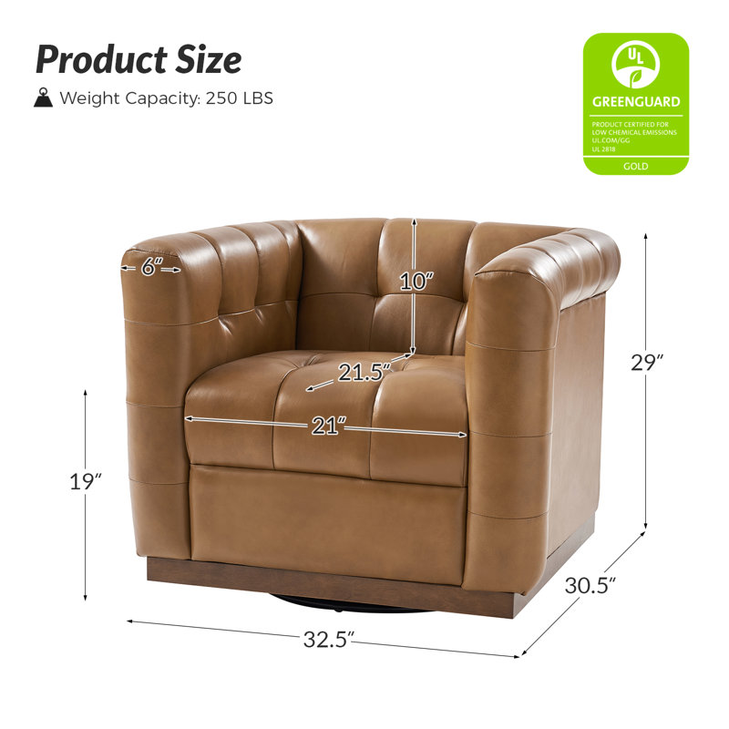 Fauteuil club pivotant carré en cuir véritable Sonika avec cadre en bois massif, Chameau