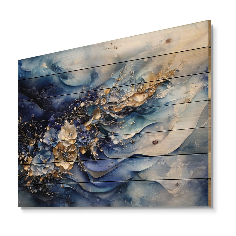 Abstrait bleu doré vagues de la brise de mer - art mural en bois côtier sur bois de pin naturel, H 10 po x l 20 po