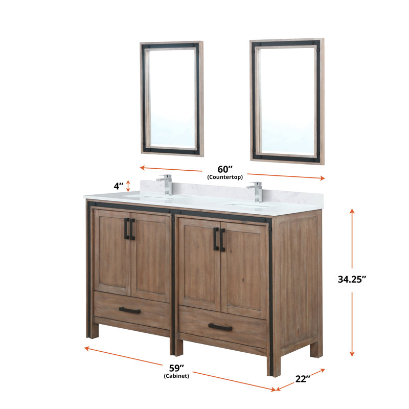 Ziva 60 in W x 22 in D Double Bath Vanity and White Top, White, White Quartz