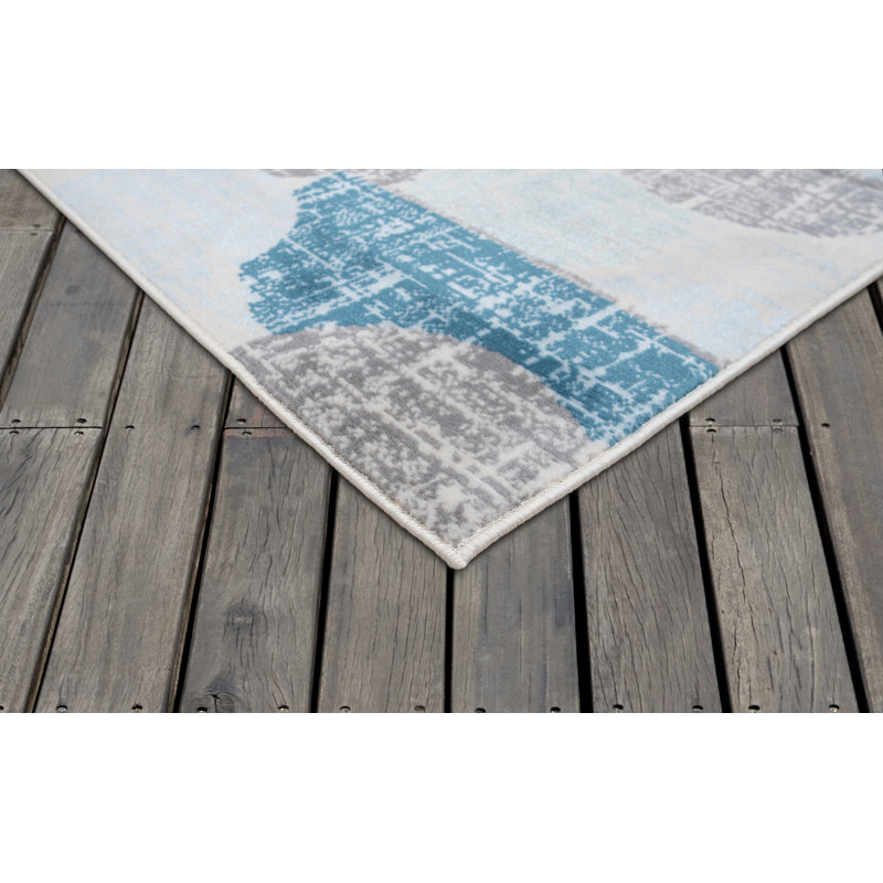 Tapis tissé à la machine ivoire/bleu/rose, Rectangle 7 pi 10 po x 9 pi 10 po