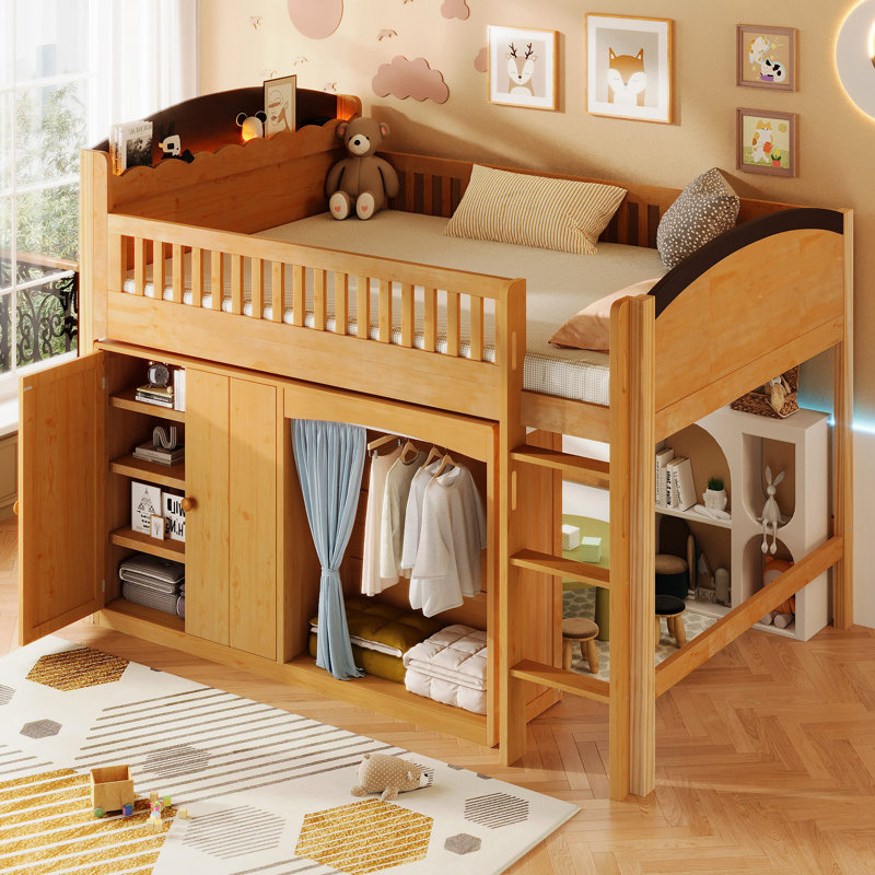 Lit mezzanine avec armoire de rangement, garde-robe et DEL, Bois, Lit double