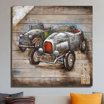 « rétro voiture show », reproduction sur bois gris/brun