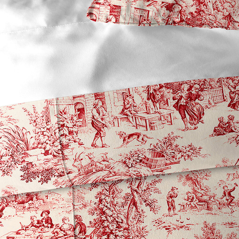 Elysees Standard Cotton Comforter Set, Queen Comforter + 2 Shams, Red/Ivory