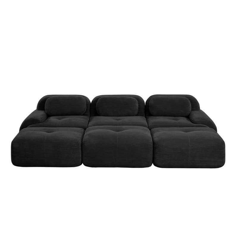 Canapé modulaire en velours côtelé 6 pièces avec 3 repose-pieds Anwen, Velours côtelé noir