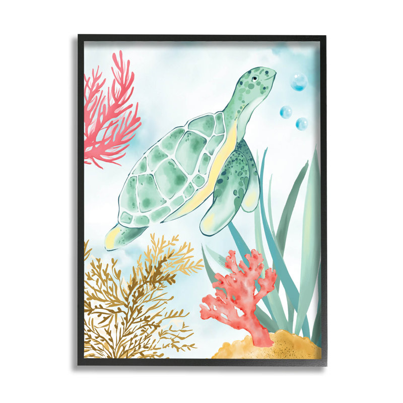 Tortue, récif de corail, estampe numérique de House of Rose, H 14 po x l 11 po x P 1,5 po, Giclée encadrée noir minuit