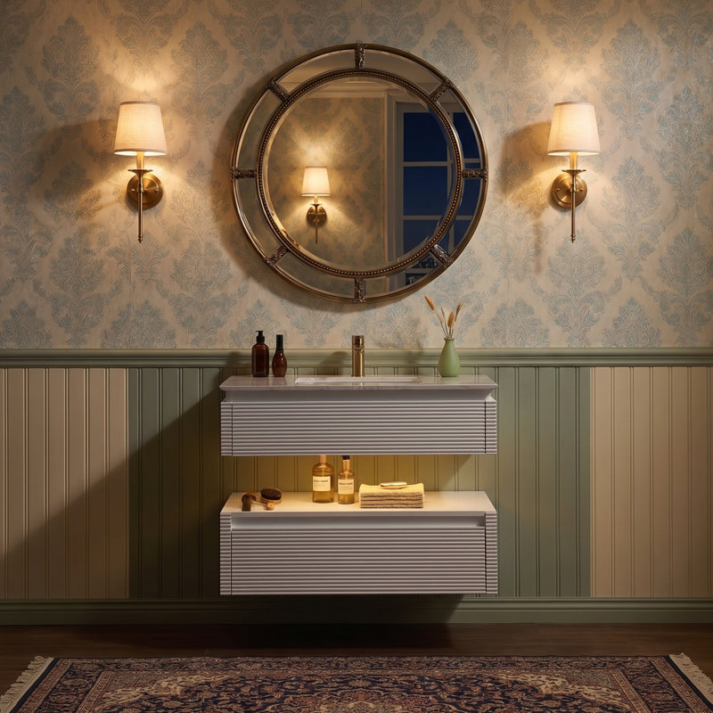 Meuble-lavabo suspendu de 91,4 cm (L) x 52,8 cm (P) avec comptoir en pierre, éclairage DEL intégré, design cannelé à deux niveaux, tiroirs à fermeture amortie, blanc
