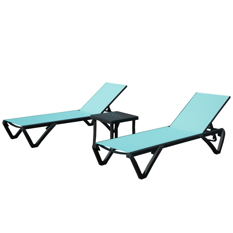 Outdoor Lounge Chair, Aluminum Plastic Patio Chaise Lounge With Side Table & 5 Position Adjustable Backrest & Wheels, All Weather Reclining Chair For Outside Beach Poolside Lawn,  Lake Blue