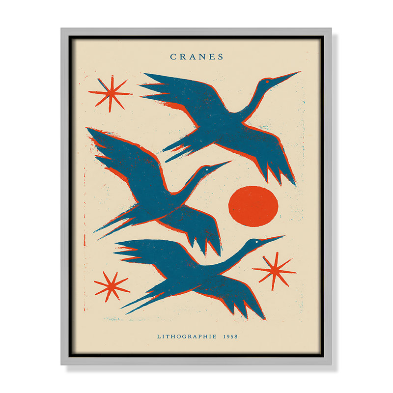 «Cranes» par Treechild, Toile avec cadre, Flottant argent, 12.5'' W x 15.5'' H