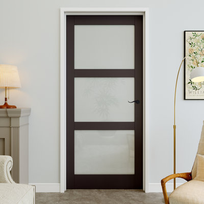 32" x 80" 3-Lite Black Frosted Glass Interior Prehung Door with Curve Lever and Black Hinges, Privacy Glass Door Slab, Sound-Dampening & Waterproof, Suit for Laundry, Closet Doors, Room Doors, Left Hand