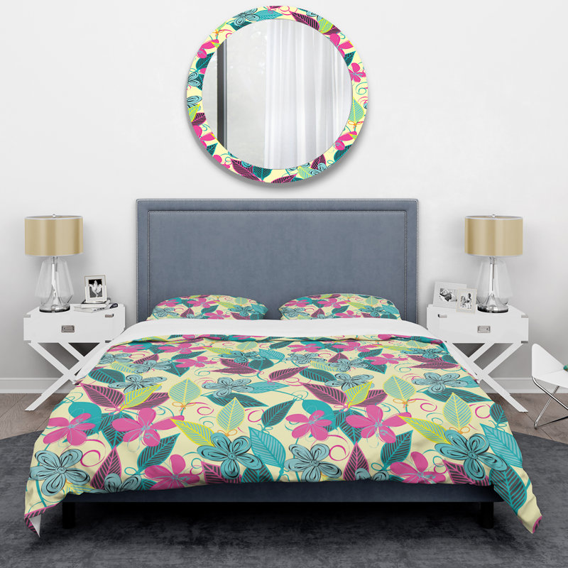 Ensemble de housse de couette en microfibre jaune clair / bleu / rose, Housse de couette pour très grand lit et 2 très