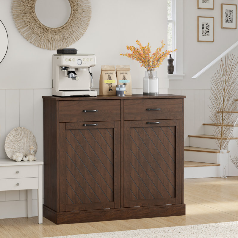 Armoire poubelle à double basculement 15 gallons, finition texturée, rangement caché pour les déchets de cuisine et de salon - noyer