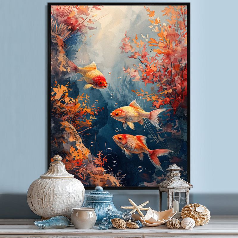 Orange, poisson koi, corail, magie marine - art mural Coralwall, White Floater Framed, H 24 po x l 32 po