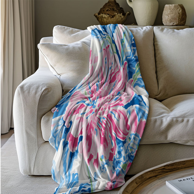 Motif de balise maritime - 1 pièce Sherpa Premium, L 60 po x L 80 po, Motifs de fleurs roses et bleues