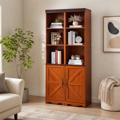 Farmhouse Tall Storage Cabinet, 3D Wood‑Grain MDF, Adjustable Shelves, Open Compartments & Barn Doors, Modular for Bedroom, Living Room & Office