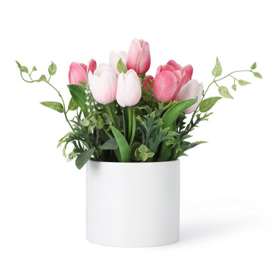  Tulipes artificielles réalistes dans un vase en céramique avec de l'eau artificielle - Fleurs en polyuréthane de 6,9 po - Centre de table élégant pour la maison, la cuisine, le bureau ou le mariage