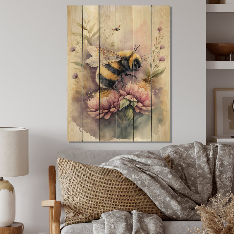 «Bee Flying To A Flower», aquarelle I Bee Flying To A Flower, aquarelle I - impression sans cadre sur bois