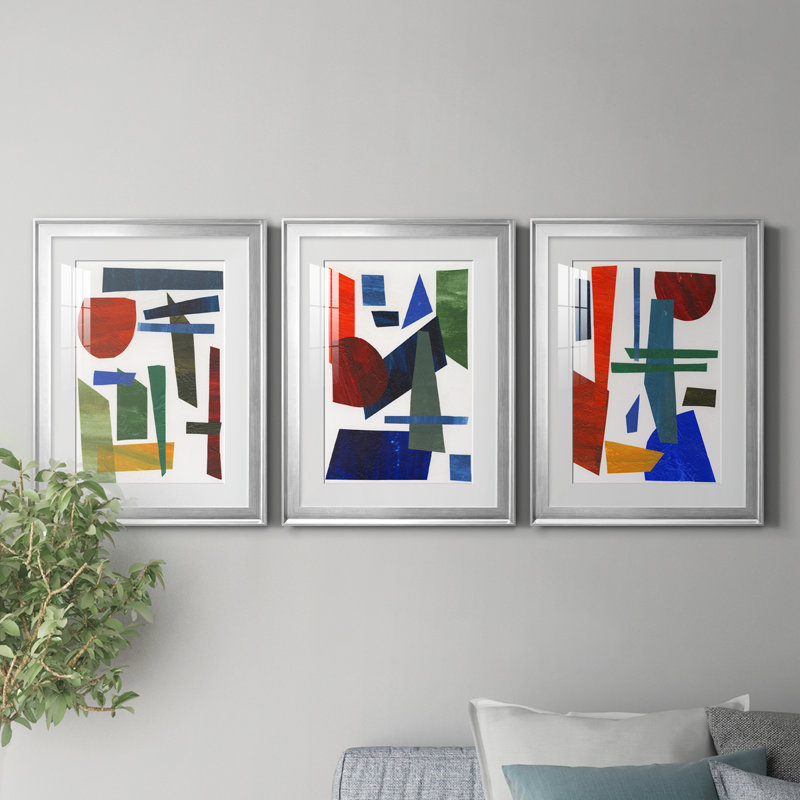 Colorful Shapes II - ensemble de 3 cadres photo, Cadre argenté, H 24,5 po x l 55,5 po x P 1 po