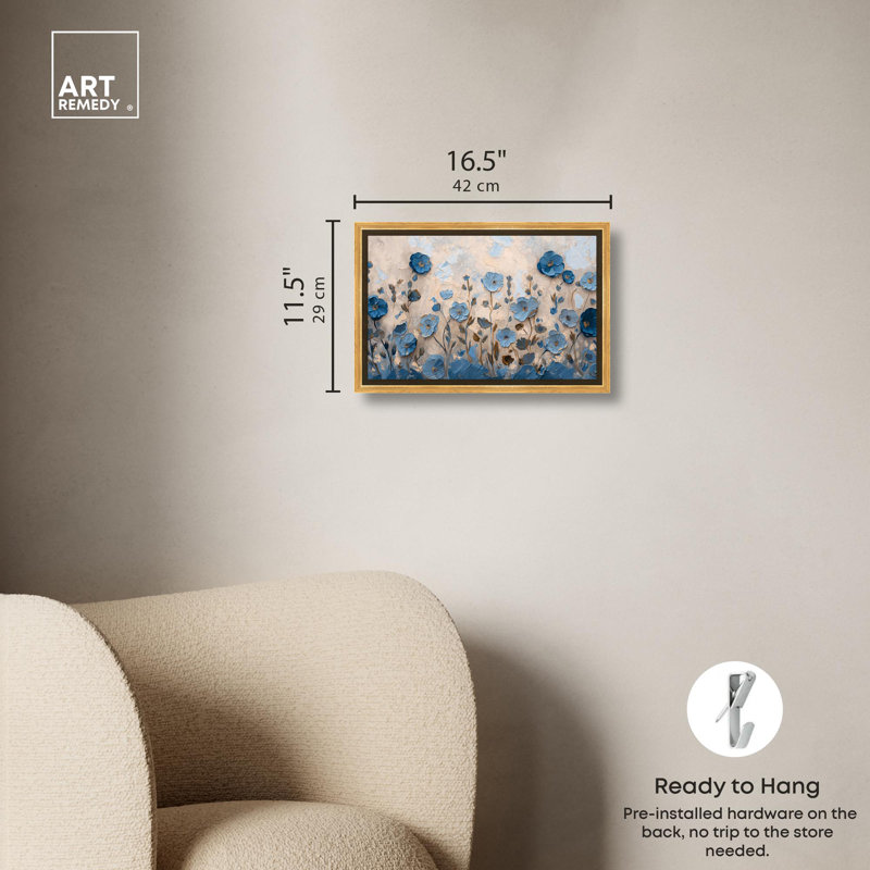 «Cerulean Blue Flowers II», art floral bleu par Art Remedy, Cadre doré, H 37 po x l 55 po