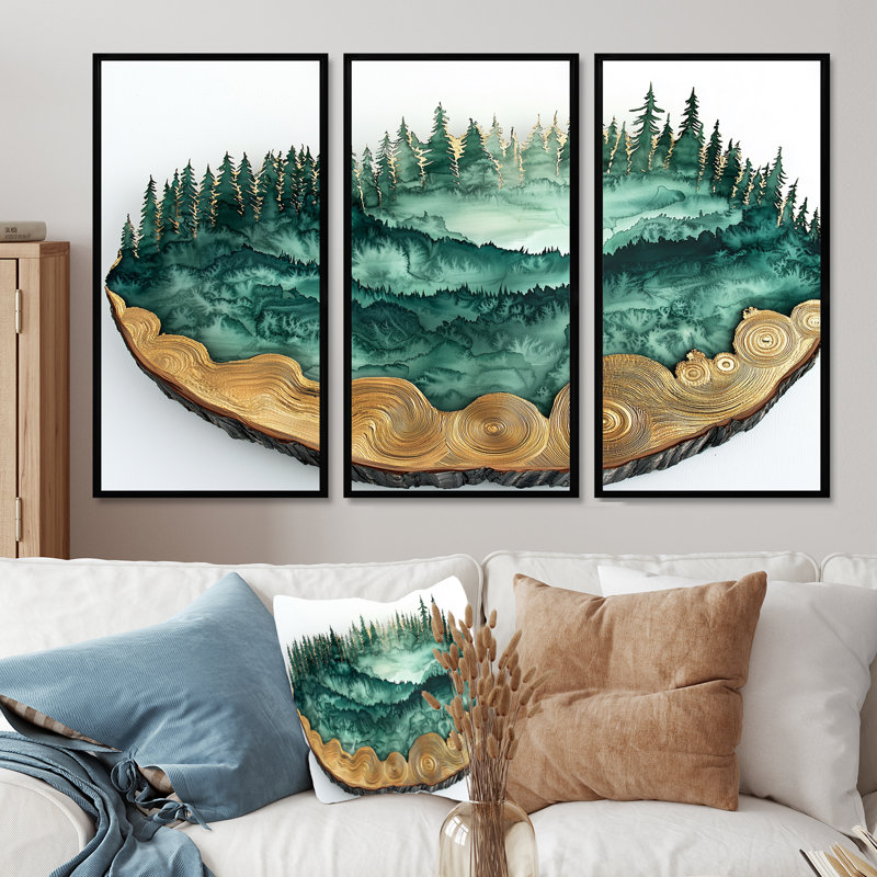 «Pine Trees Forest Landscape Into A Wood Slide IV», ensemble de 3 arbres, H 40 po x l 60 po, Framed Print without Mat, Noir