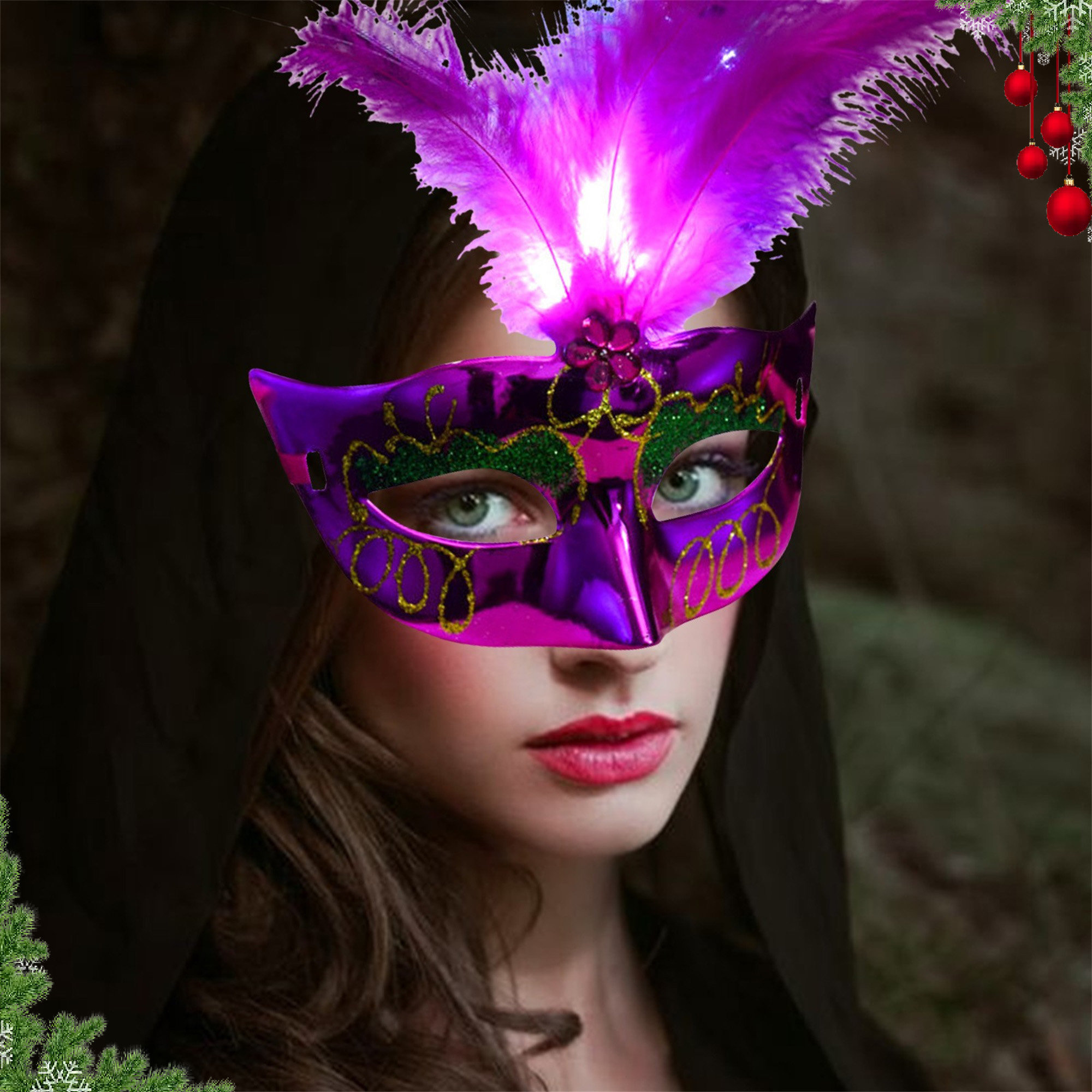 Women Venetian LED Fiber Mask Masquerade Fancy Dress Party Princess Feather  Masks Cosplay Costume Halloween Mask
