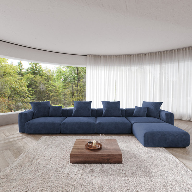 Upholstered 4-seat L-shape Cloud Corduroy Slipcovered Sectional With Ottoman, Blue Corduroy