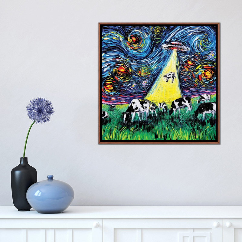 " Van Gogh Was Never Abducted " by Aja Trier, No Mat, Classic Brown Wood Framed Canvas, 18" H x 18" W x 1.5" D