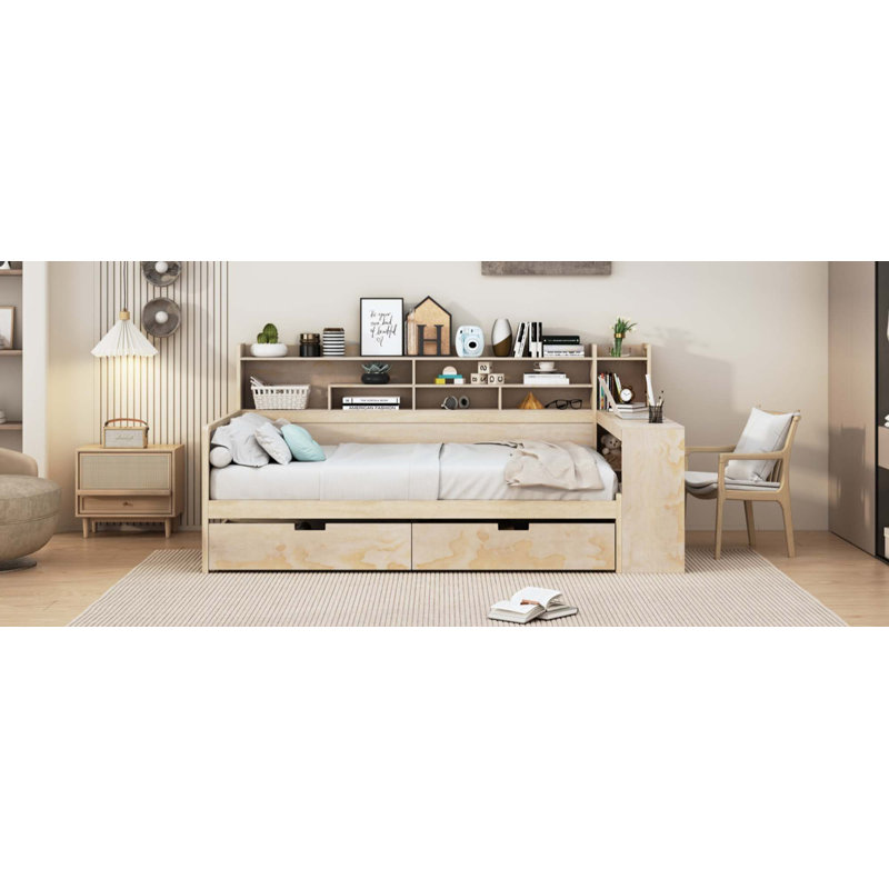 Baelee Wooden  Multi-Functional Daybed With Storage Shelves, 2 Storage Drawers And  Study Desk, Natural, Full