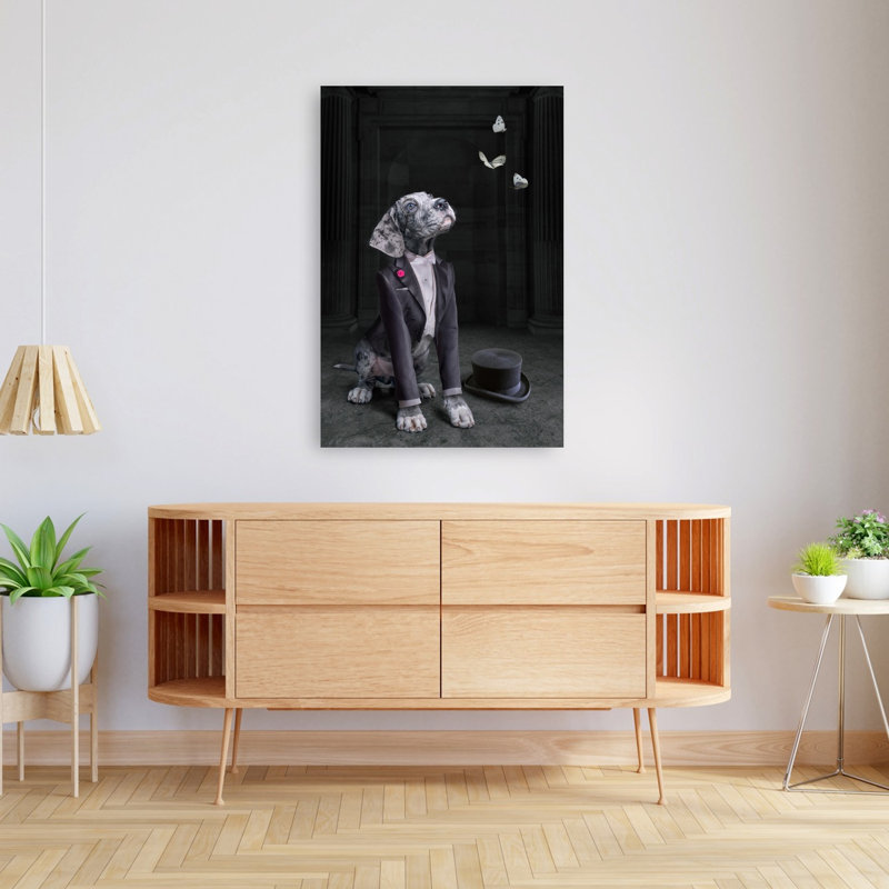 «Dapper Dog and Butterflies Butterfly Dog», reproduction d'art murale, 48" H x 32" W