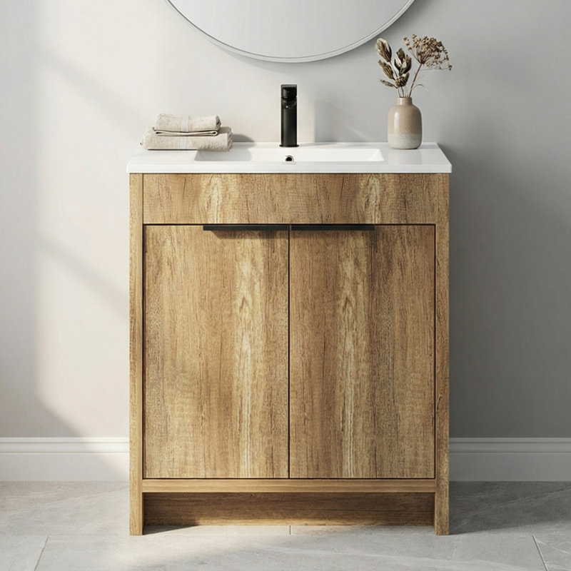 Base de meuble-lavabo en bois 30 po, panneaux en relief 3D, charnières silencieuses à fermeture en douceur, finition mate (lavabo non inclus)