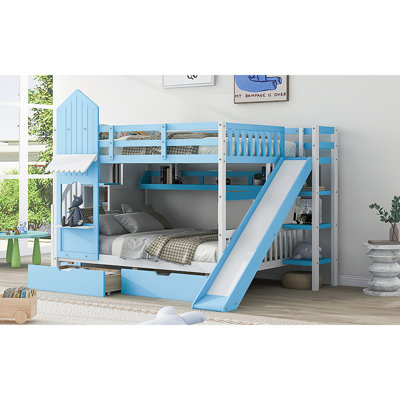 Lit superposé de style château avec 2 tiroirs, 3 tablettes et glissade