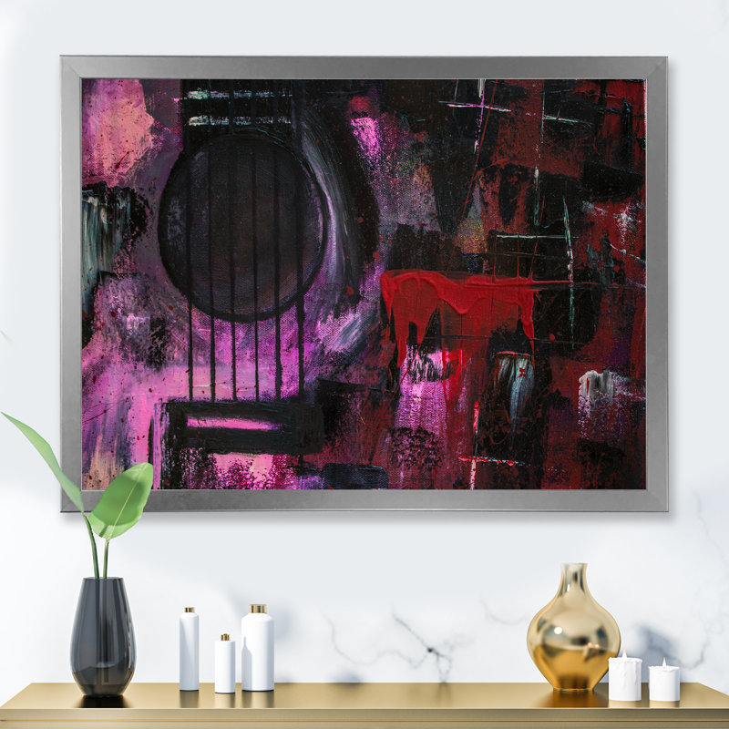 Mauve musique guitare III - décoration murale moderne en toile, Cadre photo argenté, H 34 po x l 44 po x P 1,5 po