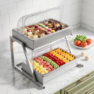 Countertop Food Serving Display Container, 2 Tier Stainless Steel Food Salad Server Tray, Buffet Condiment Dispenser, Ice Cooled Rack with Clear Roll Top Cover, for Restaurant Hotel (1/1 Pan x2)