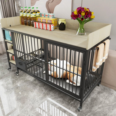 Grande cage pour animaux de compagnie avec support de rangement, tiroirs avec bac à nourriture et à eau en acier inoxydable, cadre en fer et panneau de fibres à densité moyenne, robuste, exquis et pratique