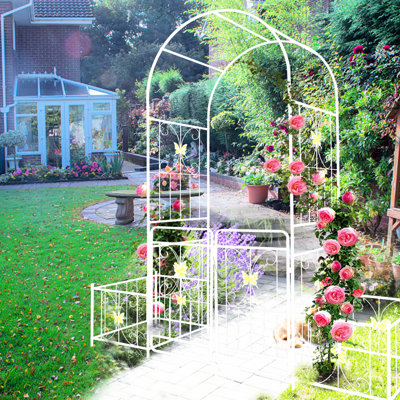 Metal Garden Arch With Gate, 79.5"X86.6", Creamy White, Beautifies Outdoor Scene Cream White Gate Decoration Piece