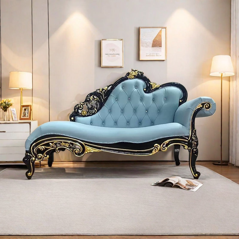 Chaise Longue -  Comfortable Solid Wood frame, Black/Gold, Right Hand Facing, Wathet