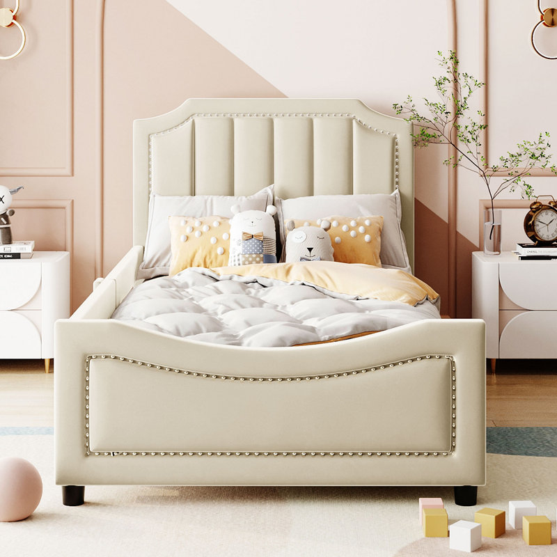 Lit de jour rembourré avec tête de lit à rayures classique, Beige